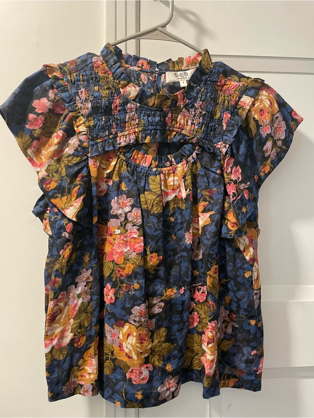 Sea Navy Floral Smocked Short Sleeve Top with Pink and Mustard Blooms